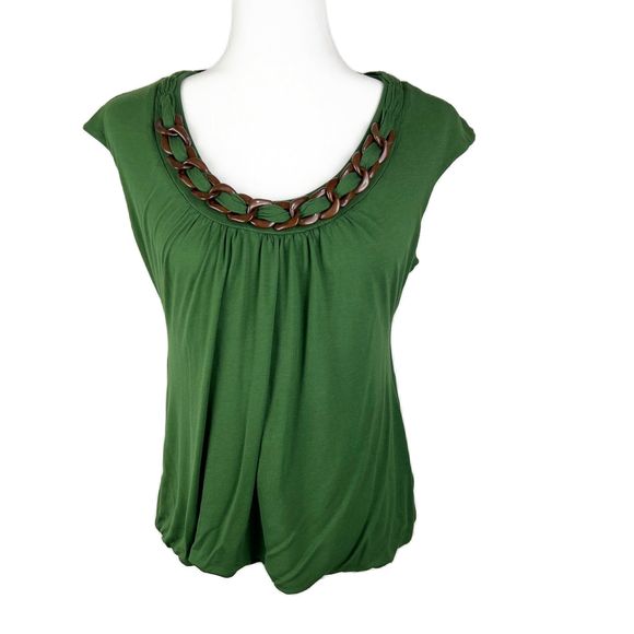 Classiques Entier Blouse Women Medium Green Brown Wood Chain Collar Casual Top - Picture 1 of 12